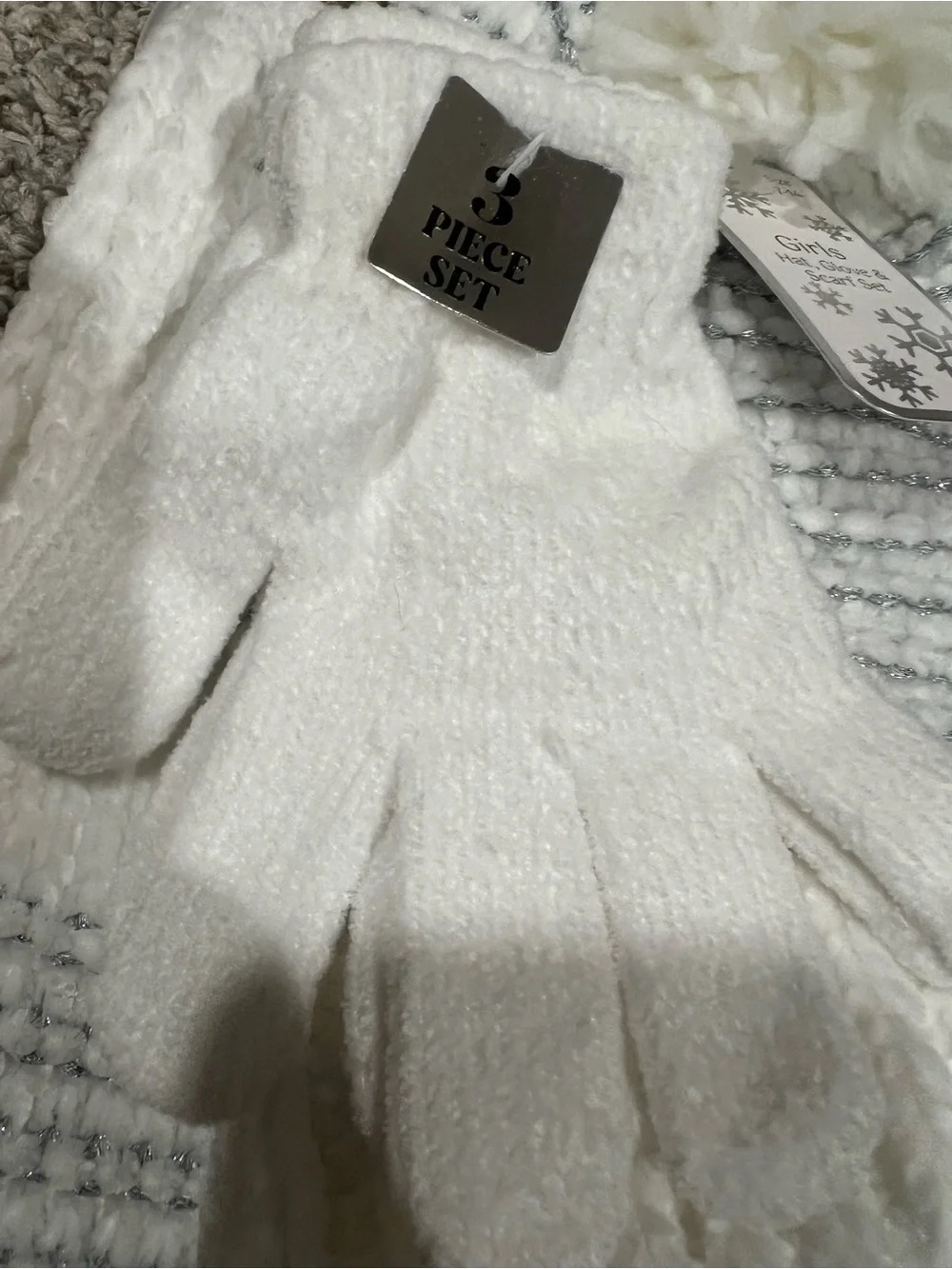 Girls White Silver Knit Hat Scarf Gloves 3 Pc Winter Set NWT